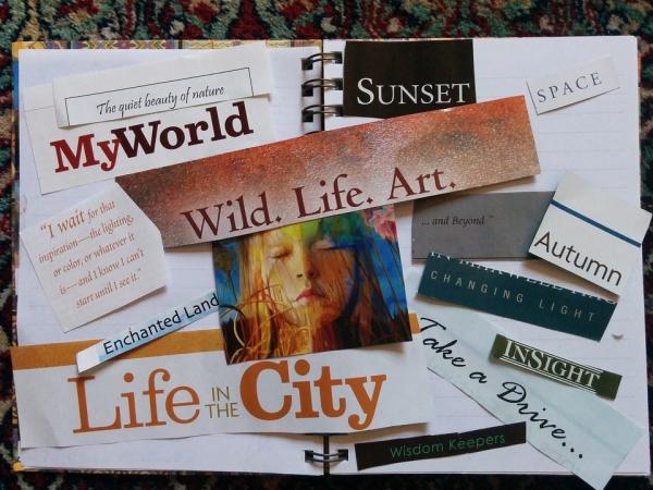 Magazine clippings spread throughout a notebook 