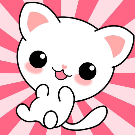 Anime style kitten smiling in front of pink background