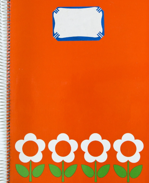 bright orange colored notebook with flowers on front cover
