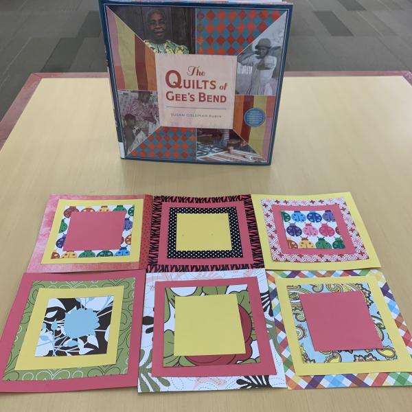 Book The Quilts of Gee's Bend at top and underneath, six squares featuring different patterns and shades of designs assembled like a quilt.