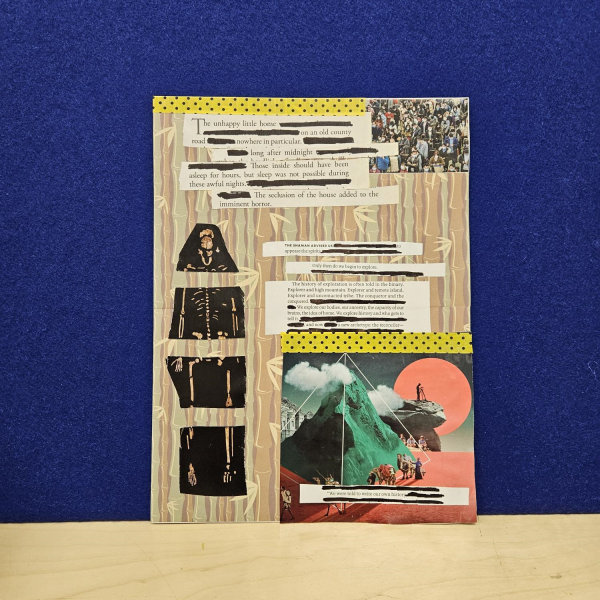 Collage artwork with cut out book print craft into a poem.