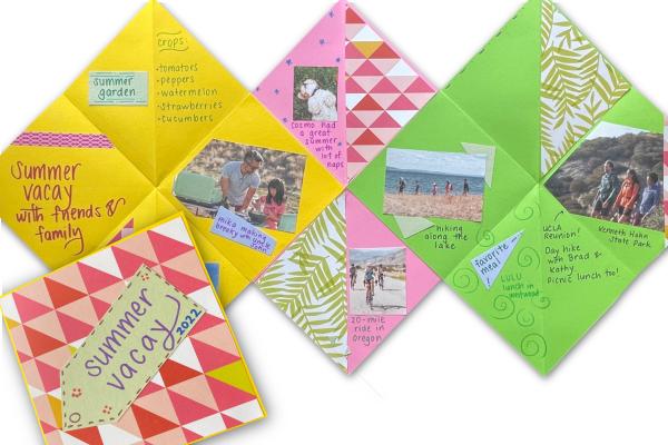 Folded paper card with multi-color sections covered with photographs, text, patterns, and summer greetings.