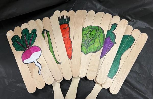 Signs with vegetables drawn on them made out of craft sticks.
