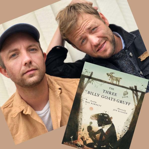 Photograph of Jon Klassen and Mac Barnett with book cover of The Three Billy Goats Gruff