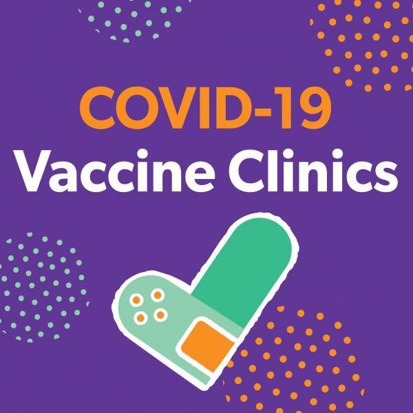 COVID-19 Vaccine Clinics purple graphic with folded band-aid