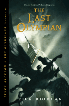 Image of the cover of The Last Olympian with Percy Jackson riding the Pegasus.