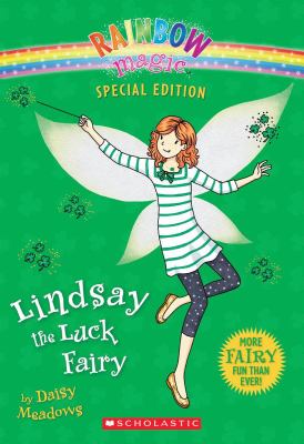 Book cover for Rainbow Magic: Lindsay the Luck Fairy by Daisy Meadows. Cover depicts a fairy with red hair wearing a green and white striped dress on a green background with clusters of clovers.