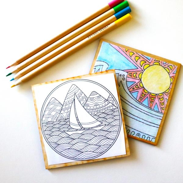 DIY coasters with sailboat and sun drawing 