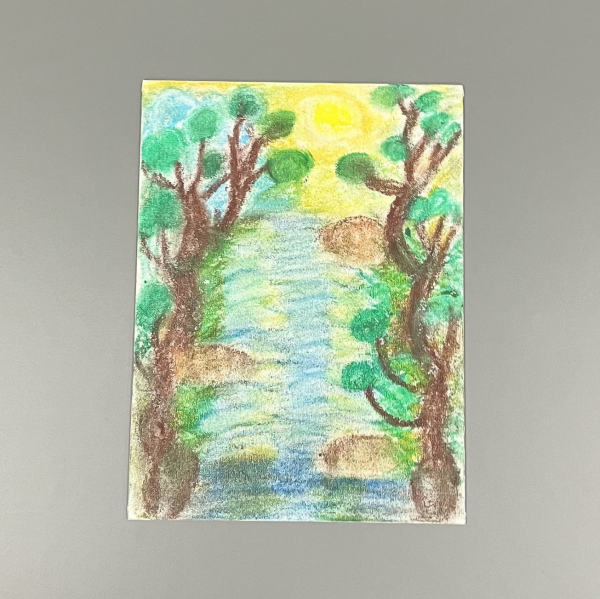 Landscape scene featuring trees along a river with the sun along the horizon.