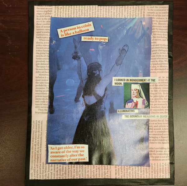 Poetry Collage composition in blue hues showing a female figure with both arms raised facing away from the viewer. Text in red reads: 