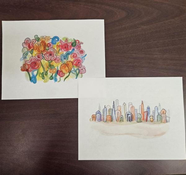 landscape scene with flowers next to a cityscape scene with sky scrapers