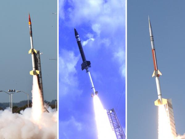Three rocket photos side by side. All are blasting off past blue skies, trailing white exhaust streams.