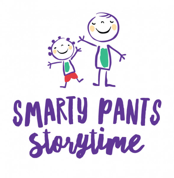 Smarty Pants Storytime illustration with two happy stick figure children
