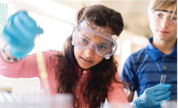 Children doing a science experiment. The kids are wearing clear goggles and blue gloves. The child in front is using a pipette and the child in the back is holding a test tube.