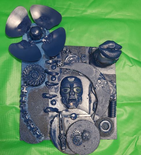 blue tinted assemblage art piece