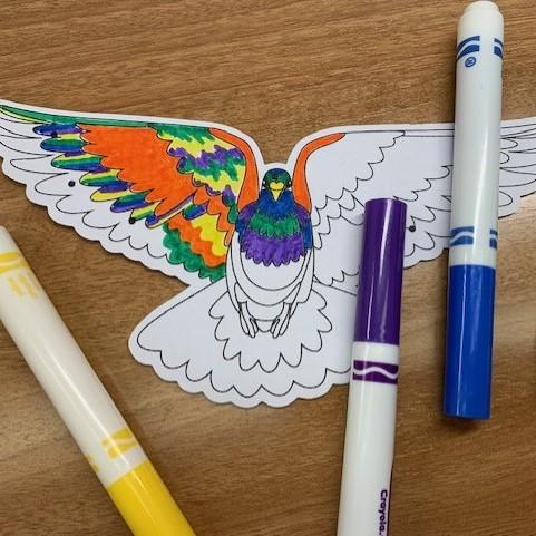 Bird coloring template and washable markers on table