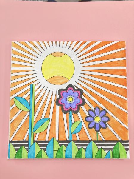 Square canvas with a flower and sun motif.
