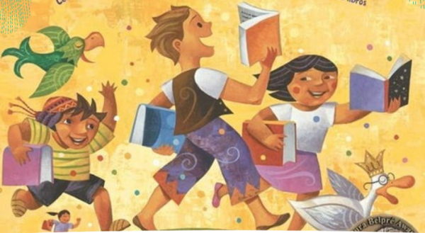 3 cartoon children running and smiling at books