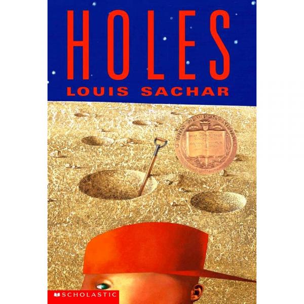 Cover of book Holes by Louis Sachar, features a dug hole and a boy in a red cap