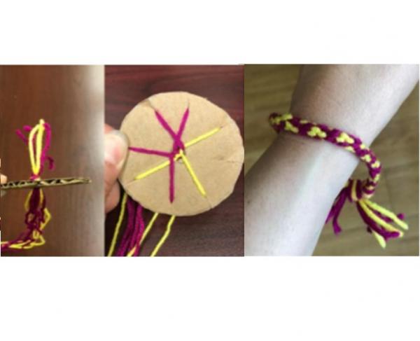 Picture showing how to make a Kumihimo bracelet plus finished bracelet