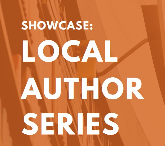 White text reading "showcase: local author series" on an orange background.