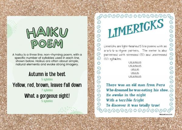 example of haiku and limericks on a gold glitter background