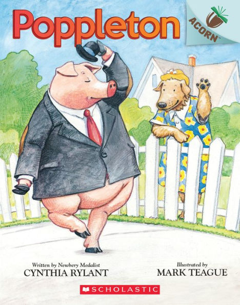 cover for the book poppleton. A pig in a suit walking and greeting a dog.