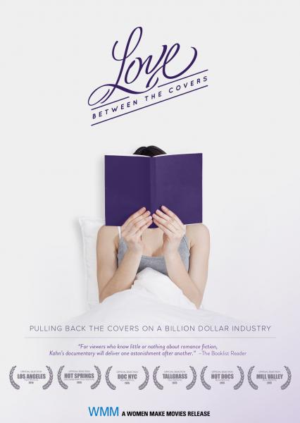 Poster for Love Between the Covers: a person sitting up under white bed linens holding a purple book in front of their face
