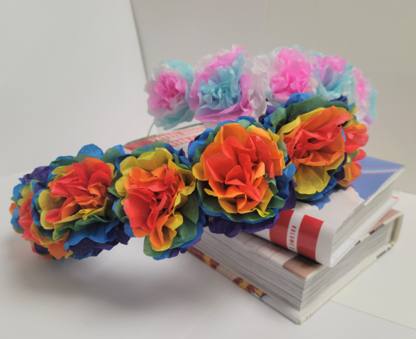 Two tissue paper flower crowns in gay and trans pride colors
