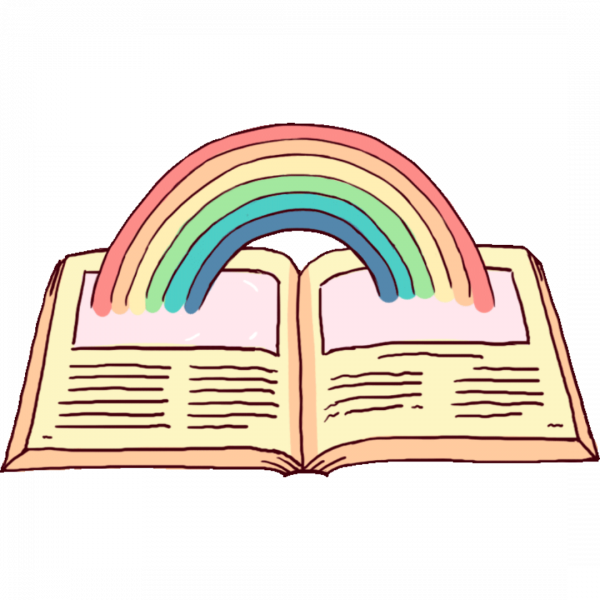 Open book with rainbow coming out of pages 