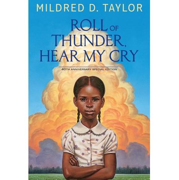Book cover of roll thunder hear my cry, features a young black girl arms folded with a large plume of smoke behind her