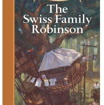 Book cover of the Swiss Family Robinson, cover features a tree house and laundry hanging on a line